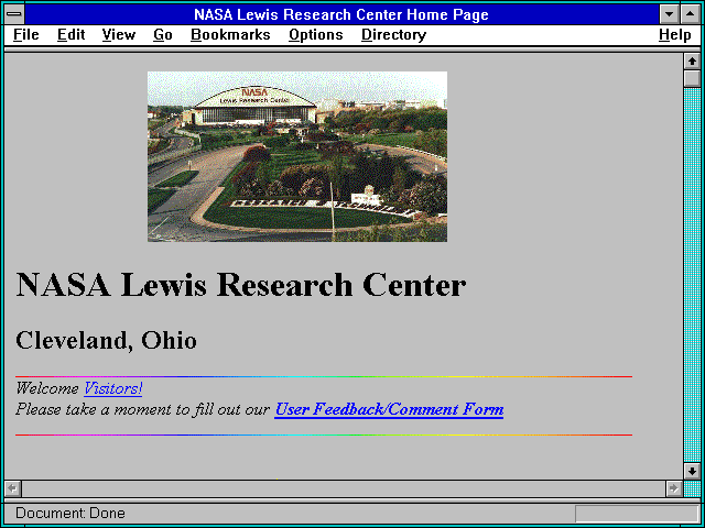 Screenshot of NASA Lewis Research Center Home Page