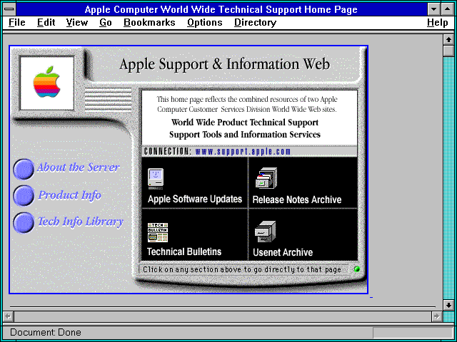 Screenshot of Apple Computer World Wide Technical Support Home Page