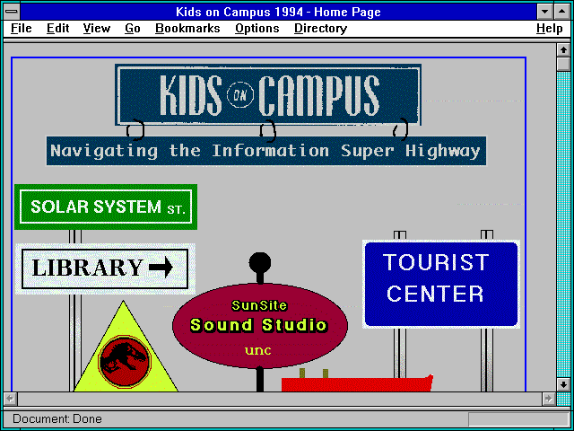 Screenshot of Kids on Campus 1994 - Home Page