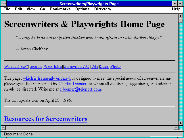 Screenshot of Theater Information (for playwrights and screenwriters