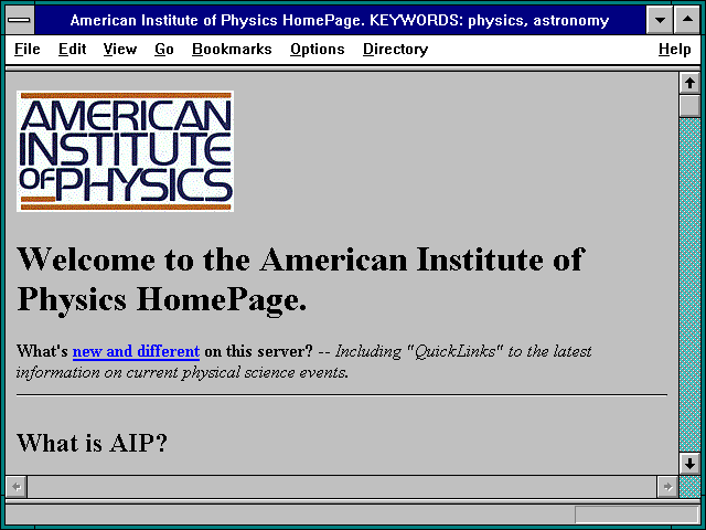 Screenshot of American Institute of Physics HomePage. KEYWORDS: physics astronomy