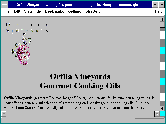 Screenshot of Vineyards wine gifts gourmet cooking oils vinegars sauces gift boxes