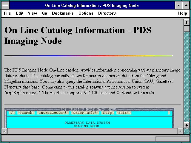 Screenshot of On Line Catalog Information PDS Imaging Node