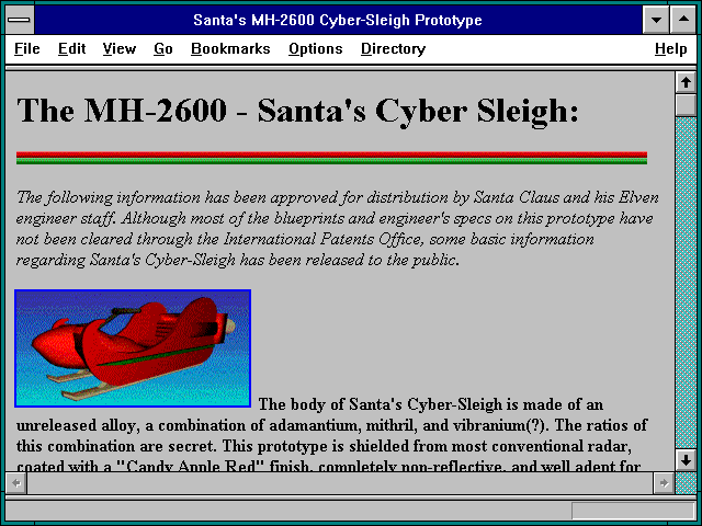 Screenshot of Santa's MH-2600 Cyber-Sleigh Prototype