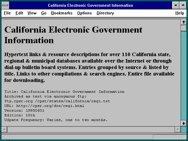 Screenshot of California Electronic Government Information