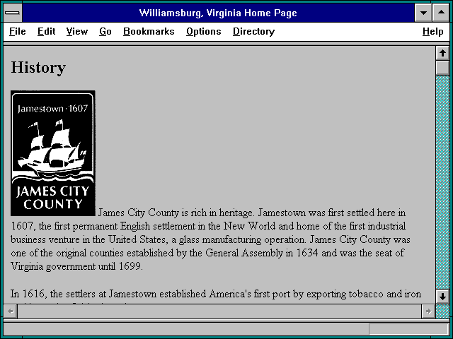 Screenshot of Williamsburg Virginia Home Page