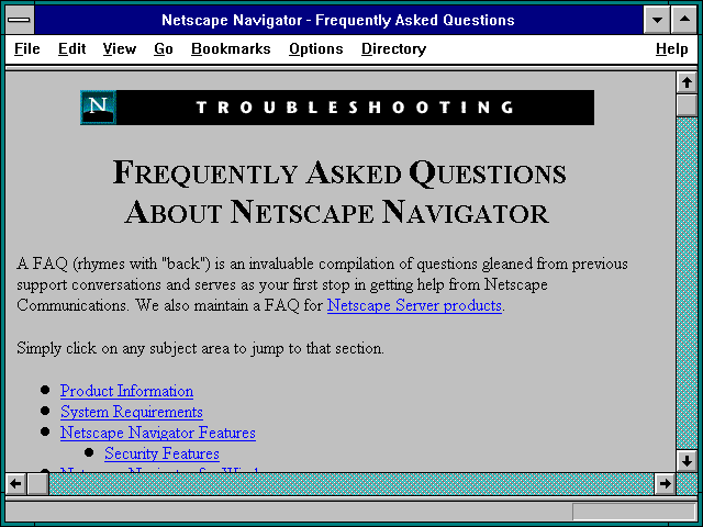 Screenshot of Netscape Navigator - Frequently Asked Questions