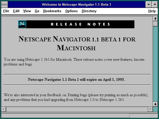 Screenshot of Welcome to Netscape Navigator 1.1 Beta 1