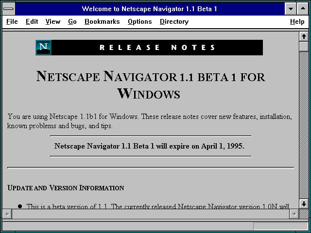 Screenshot of Welcome to Netscape Navigator 1.1 Beta 1