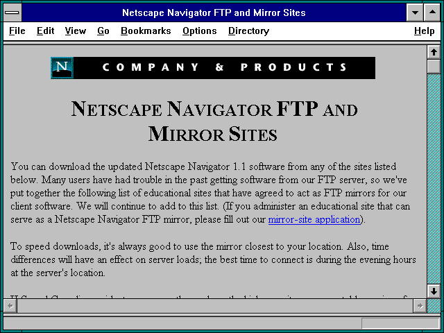 Screenshot of Netscape Navigator FTP and Mirror Sites