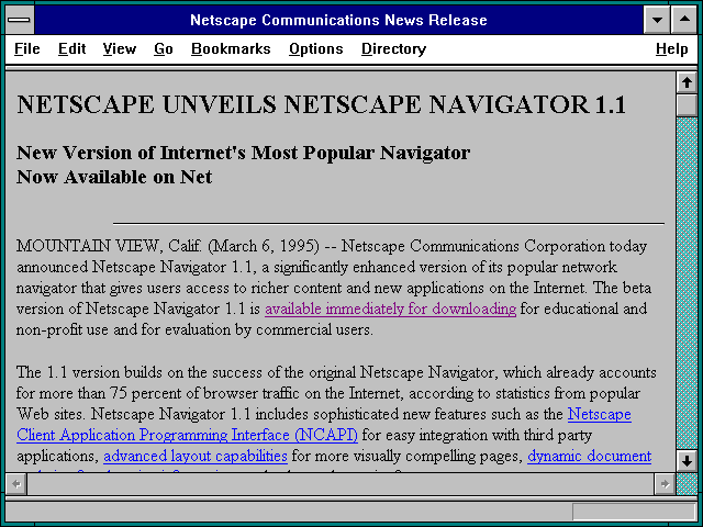 Screenshot of Netscape Communications News Release