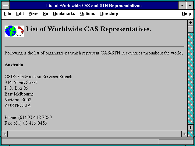 Screenshot of List of Worldwide CAS and STN Representatives