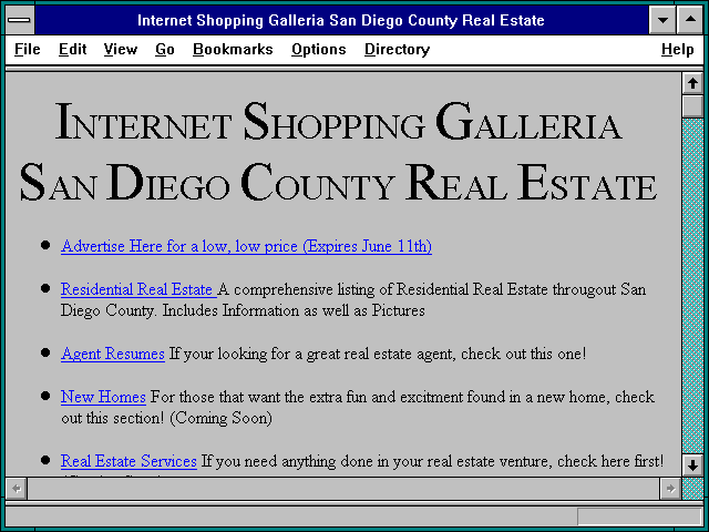 Screenshot of Internet Shopping Galleria San Diego County Real Estate