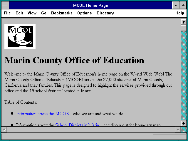 Screenshot of MCOE Home Page
