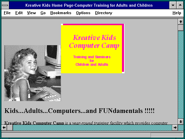 Screenshot of Kreative Kids Home Page-Computer Training for Adults and Children