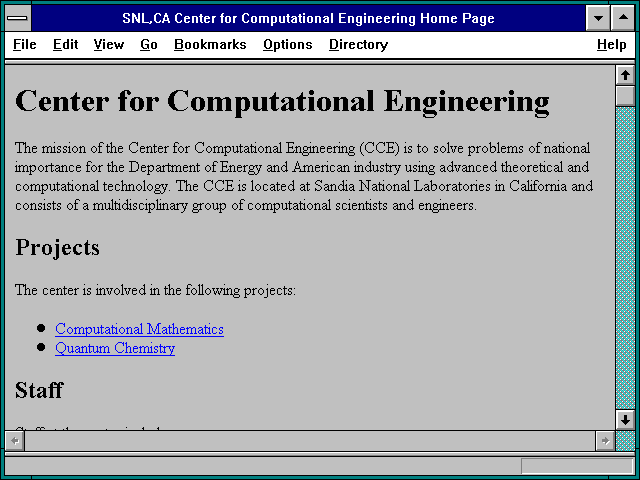 Screenshot of SNL CA Center for Computational Engineering Home Page