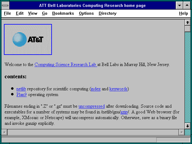 Screenshot of ATT Bell Laboratories Computing Research home page
