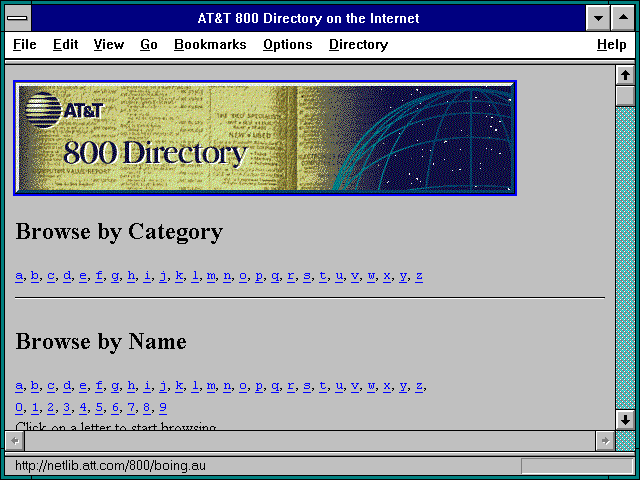 Screenshot of AT&T 800 Directory on the Internet