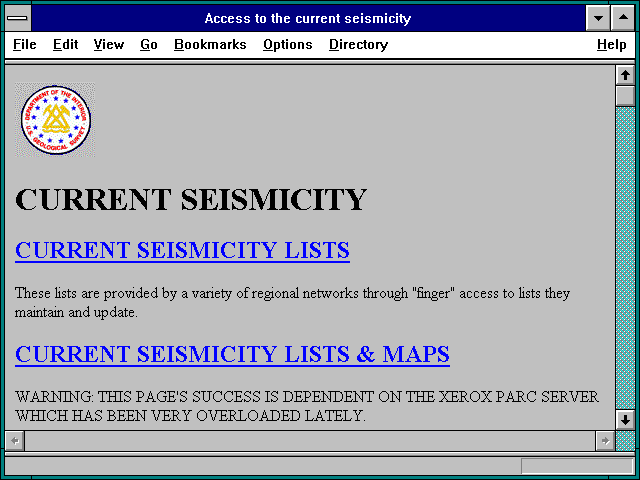 Screenshot of Access to the current seismicity