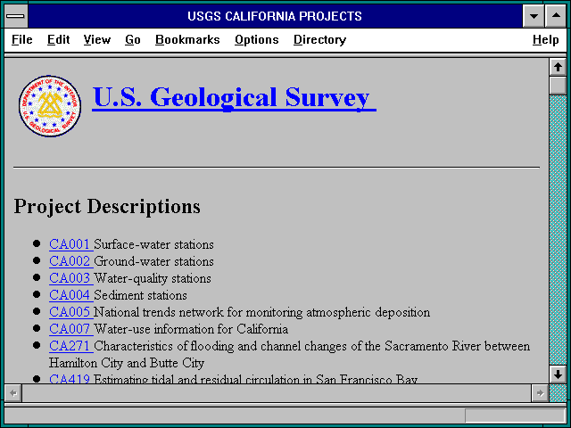 Screenshot of USGS CALIFORNIA PROJECTS