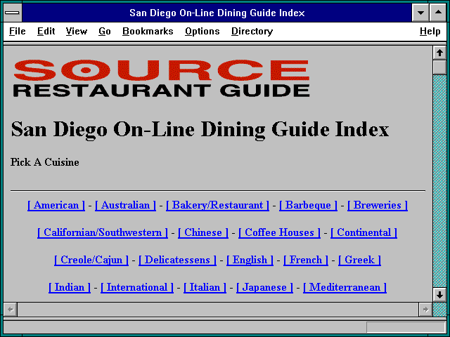Screenshot of San Diego On-Line Dining Guide Index