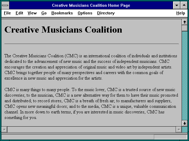 Screenshot of Creative Musicians Coalition Home Page