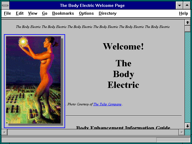 Screenshot of The Body Electric Welcome Page