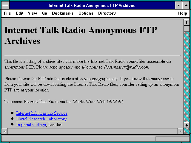 Screenshot of Internet Talk Radio Anonymous FTP Archives