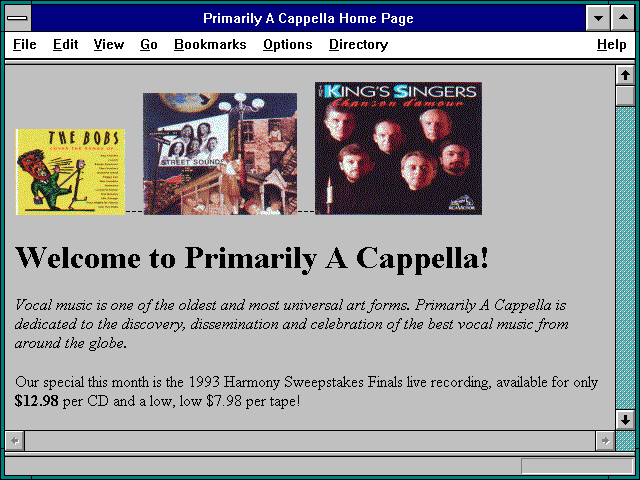 Screenshot of Primarily A Cappella Home Page