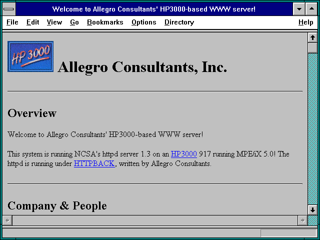 Screenshot of Welcome to Allegro Consultants' HP3000-based WWW server!
