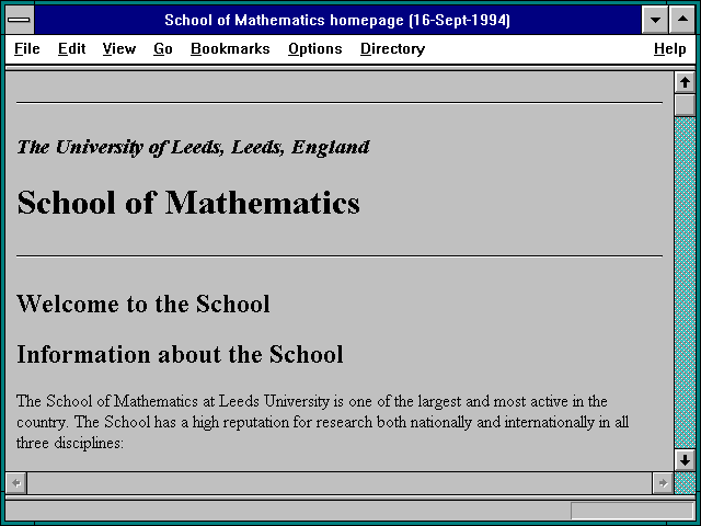 Screenshot of School of Mathematics homepage (16-Sept-1994)