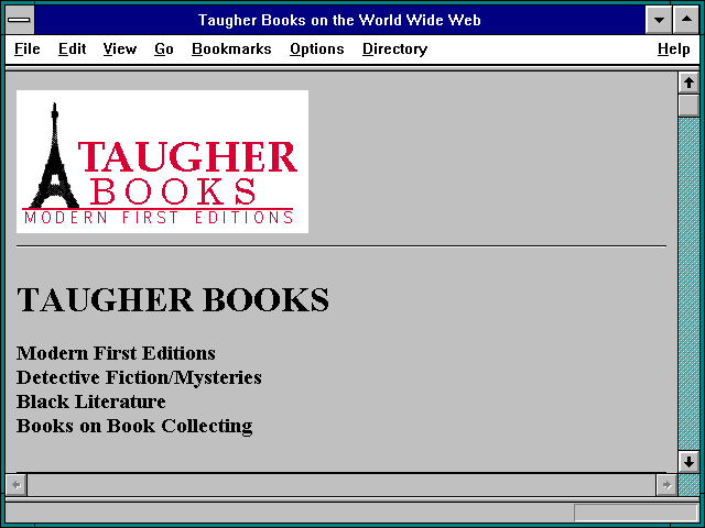 Screenshot of Taugher Books on the World Wide Web