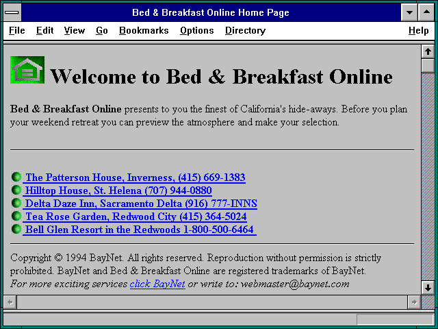 Screenshot of Bed & Breakfast Online Home Page