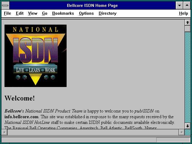 Screenshot of Bellcore ISDN Home Page