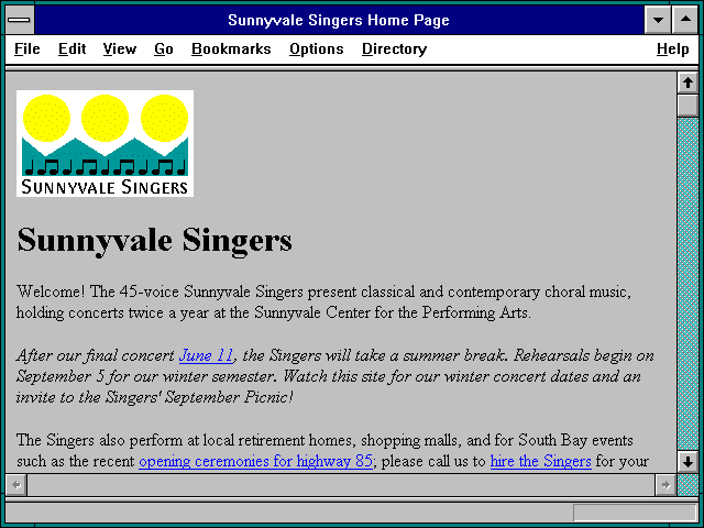 Screenshot of Sunnyvale Singers Home Page