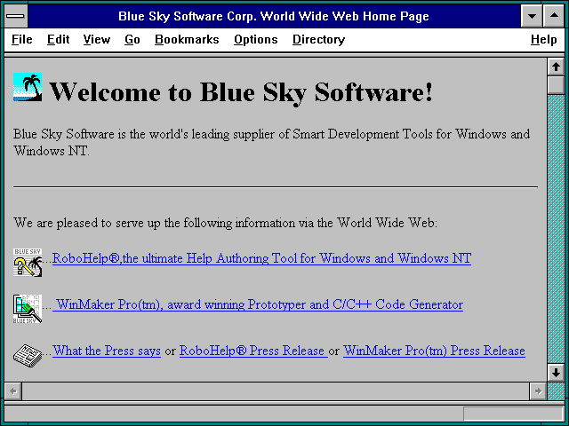 Screenshot of Blue Sky Software Corp. World Wide Web Home Page