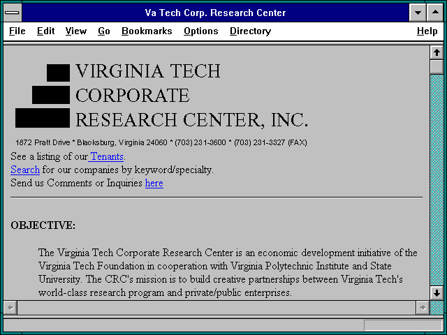 Screenshot of Va Tech Corp. Research Center