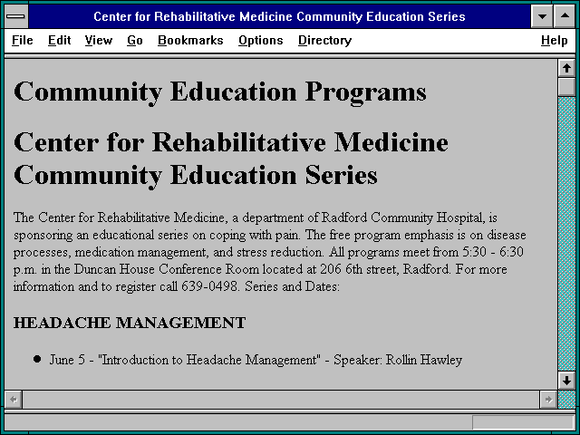 Screenshot of Center for Rehabilitative Medicine Community Education Series