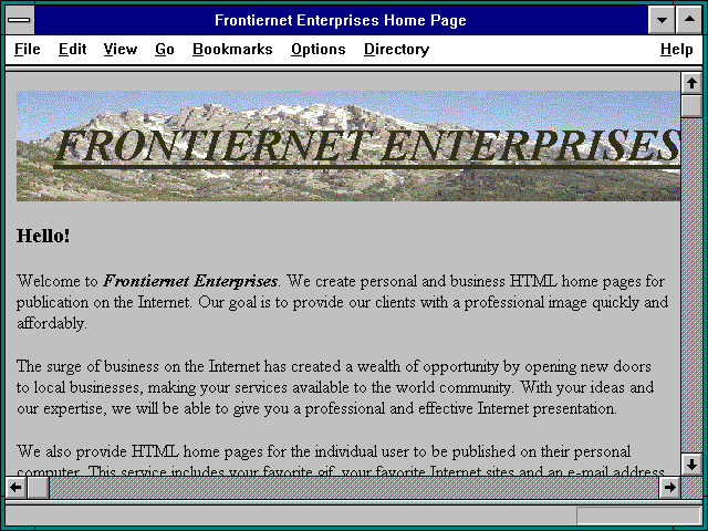 Screenshot of Frontiernet Enterprises Home Page