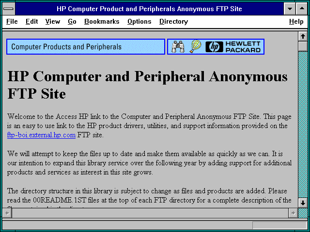 Screenshot of HP Computer Product and Peripherals Anonymous FTP Site