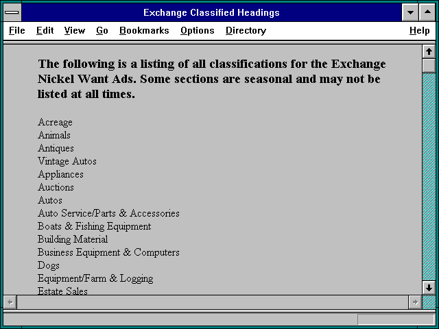 Screenshot of Exchange Classified Headings