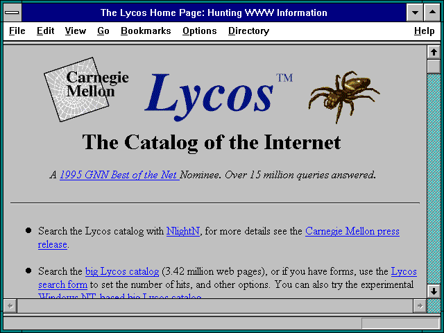 Screenshot of The Lycos Home Page: Hunting WWW Information