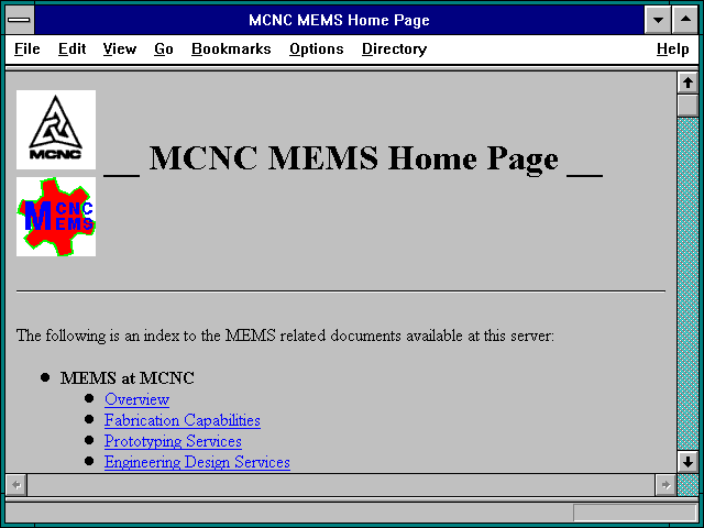 Screenshot of MCNC MEMS Home Page
