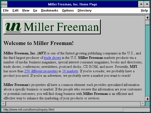 Screenshot of Miller Freeman Inc. Home Page