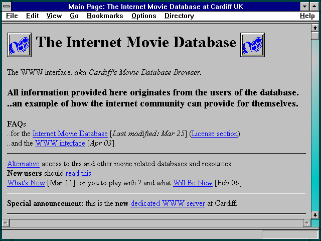 Screenshot of Main Page: The Internet Movie Database at Cardiff UK
