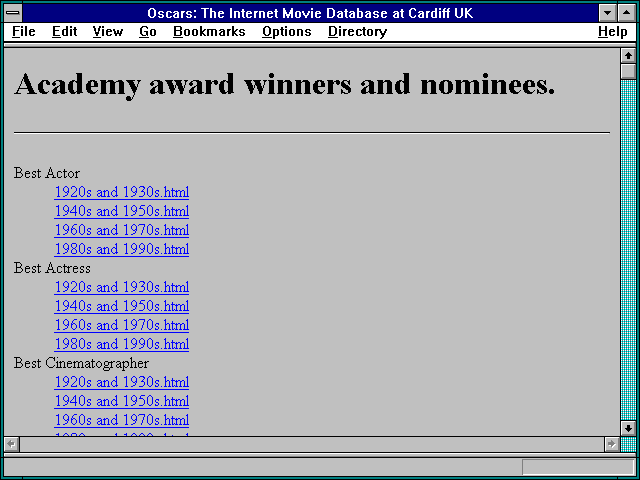 Screenshot of Oscars: The Internet Movie Database at Cardiff UK