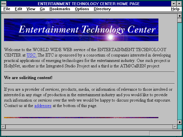Screenshot of ENTERTAINMENT TECHNOLOGY CENTER HOME PAGE