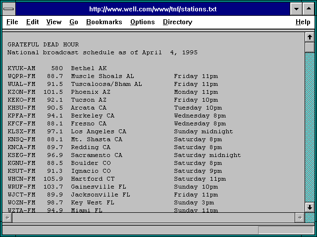 Screenshot of http://www.well.com/www/tnf/stations.txt