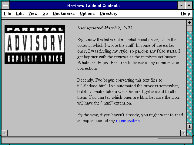 Screenshot of Reviews Table of Contents