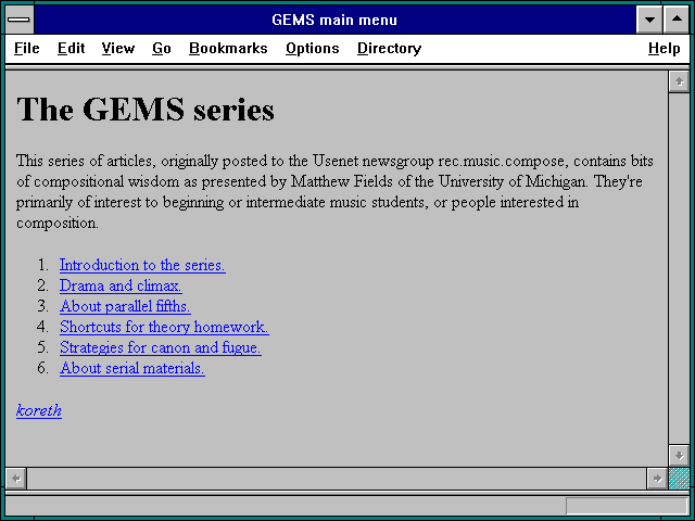 Screenshot of GEMS main menu